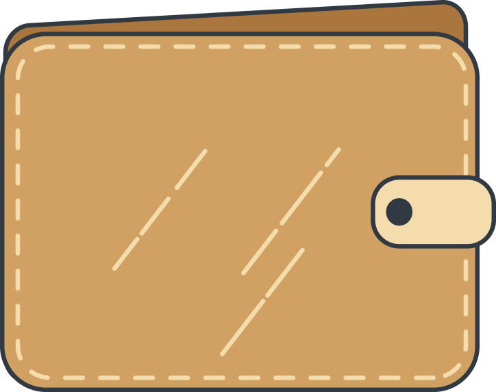 Illustrated tan wallet with snap closure.