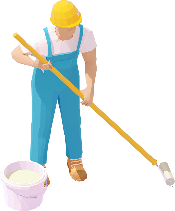 worker applying roof coating with long handled roller and bucket