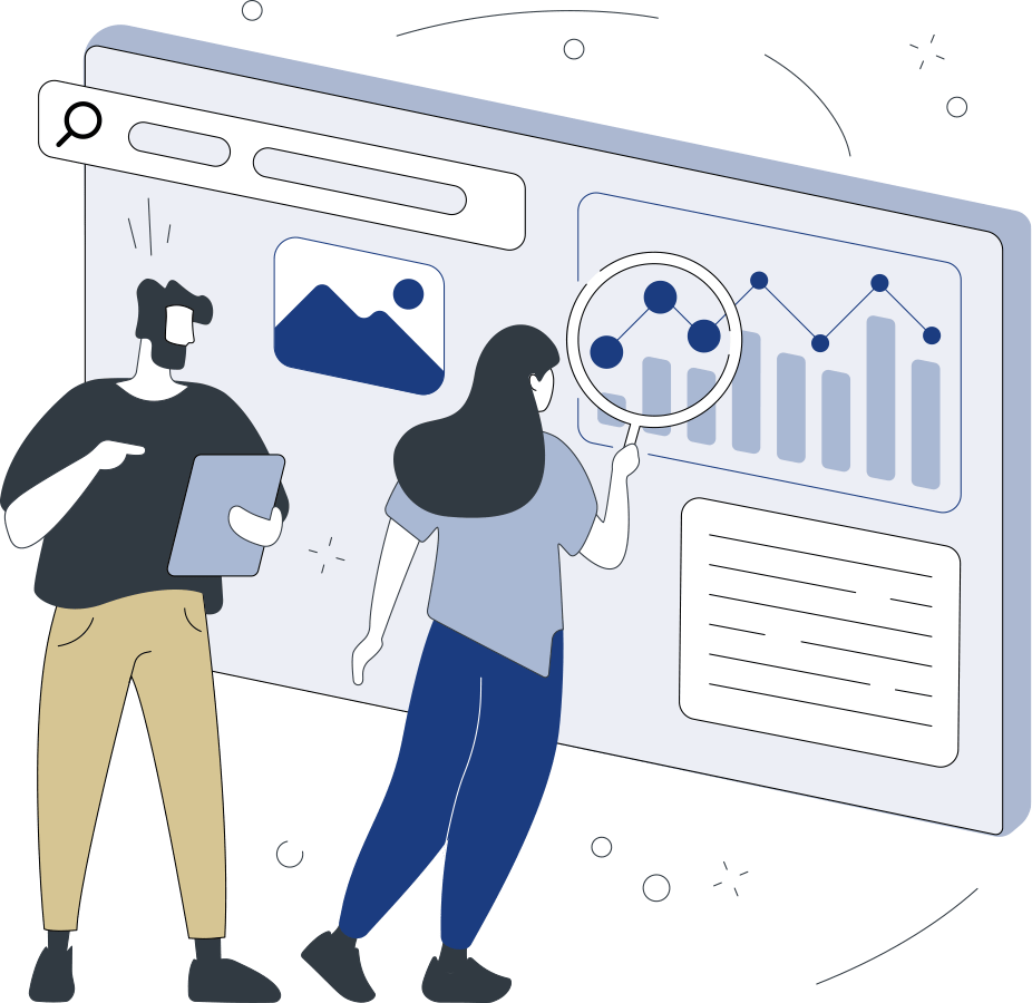 graphic of couple in front of a board of analytics
