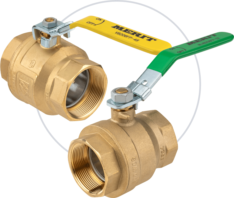 Two Brass valves with yellow and green handles from Merit Brass.