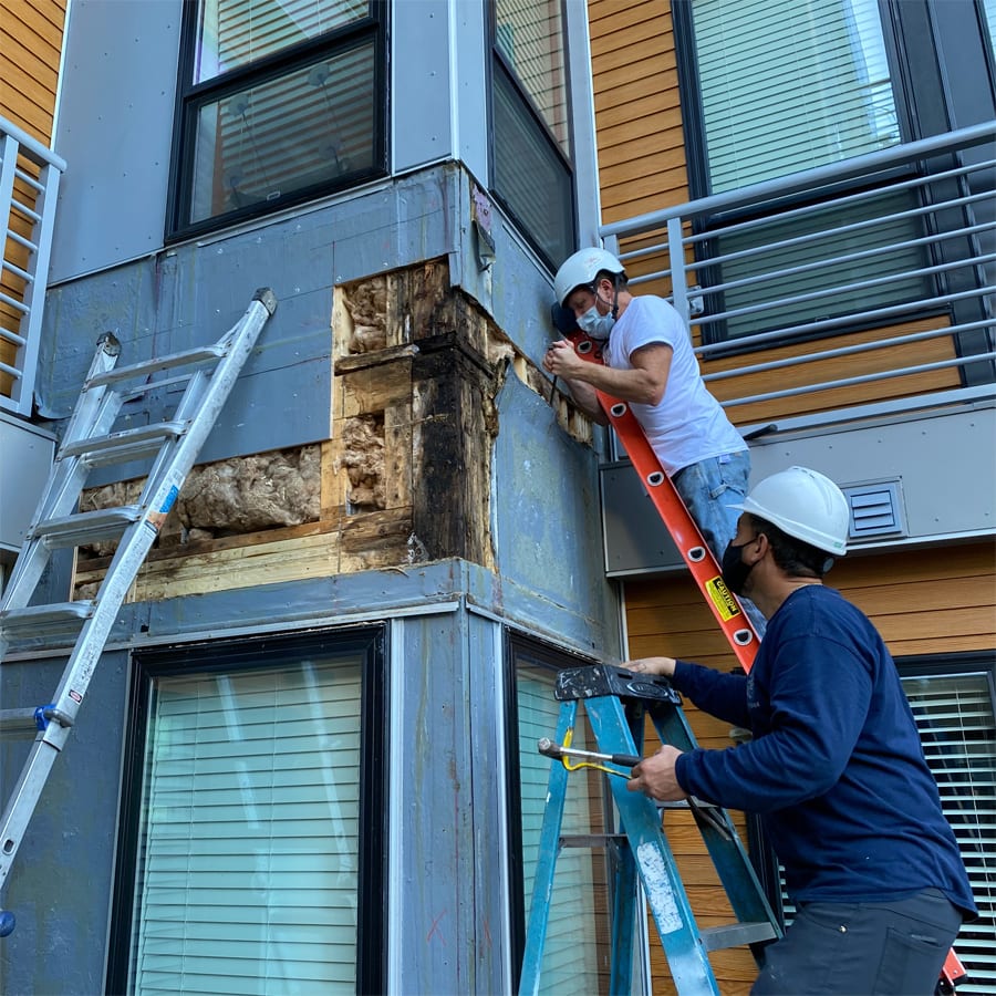 Two workers in hard hards on ladders inspecting moisture damage on a building.