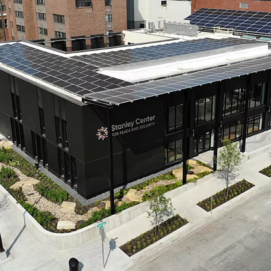 View of the Stanley Center for Peace & Security showing the completed roof.