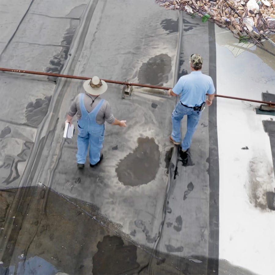 Two men on a wet, dark roof with puddles; trash pile top right.