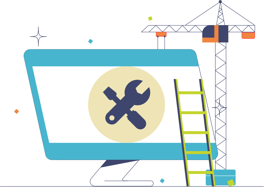 Monitor with tools icon, construction crane, and ladder to represent business process software.