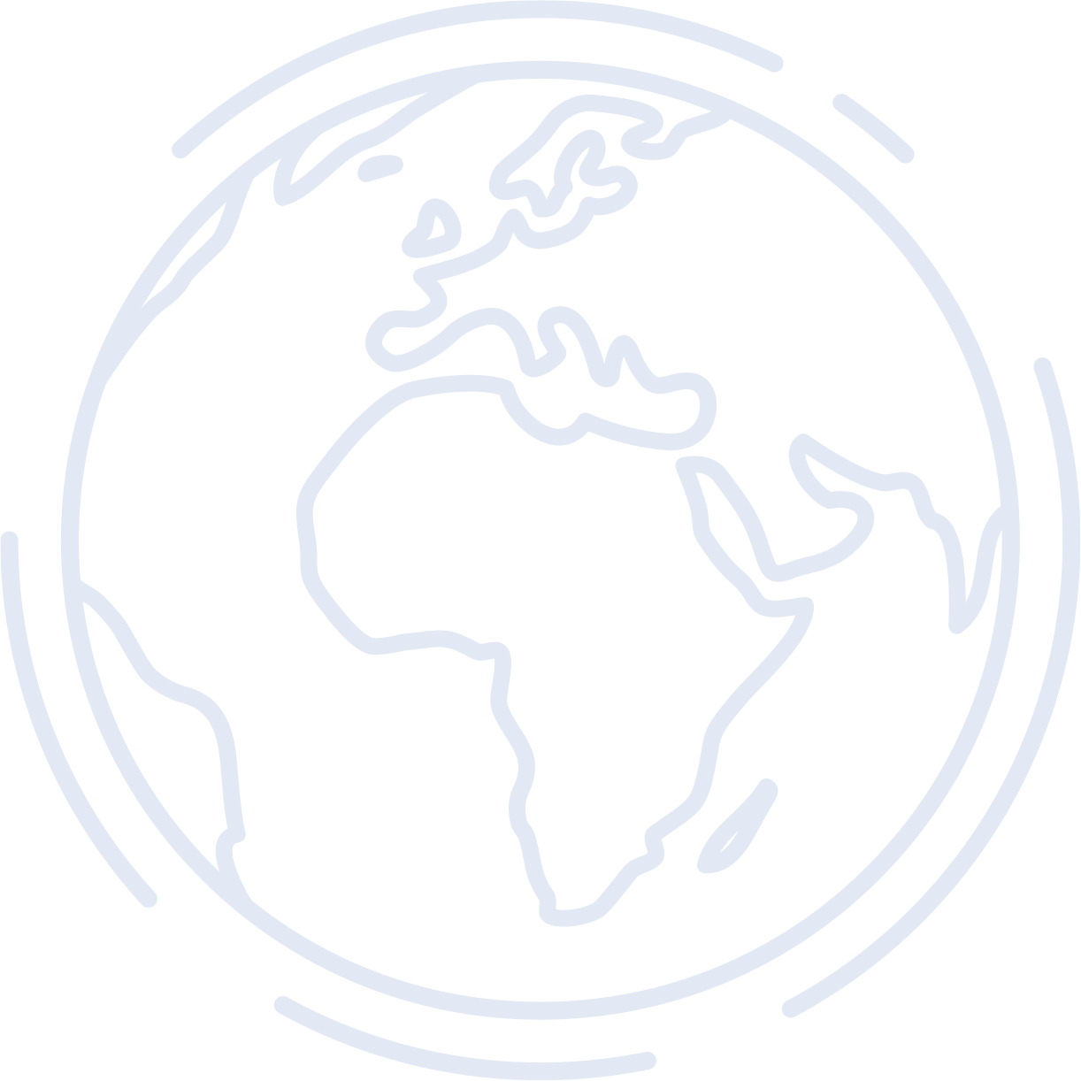 White line art globe with continents and orbital lines on a green background.