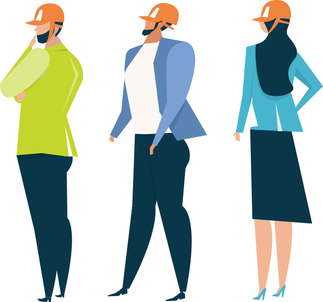 Three people in hard hats: two men and one woman.