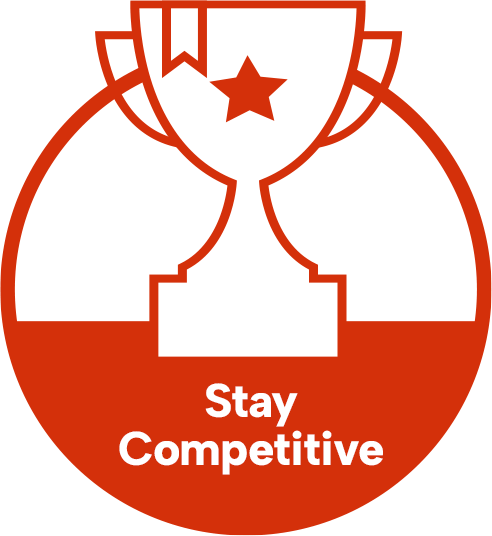Red and white badge with a trophy icon reading Stay Competitive.