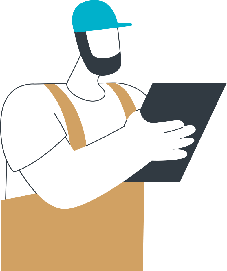 Illustrated contractor in overalls and baseball hat holding a tablet.
