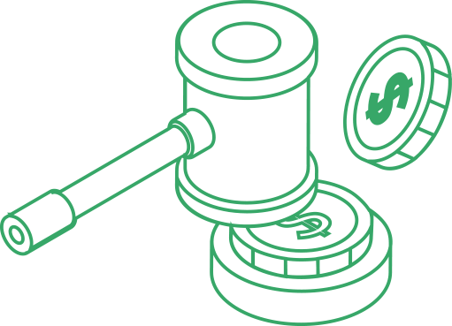 Green outline drawing of a gavel coming down on coins.