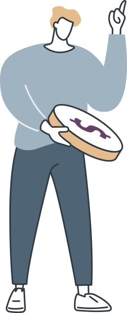 male identifying graphic holding a giant coin