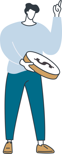 Illustrated man in blue clothes pointing up and holding a giant coin.