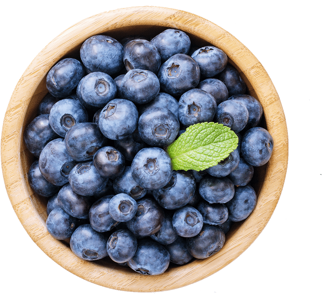 wooden bowl of fresh blueberries with a mint leaf  on top