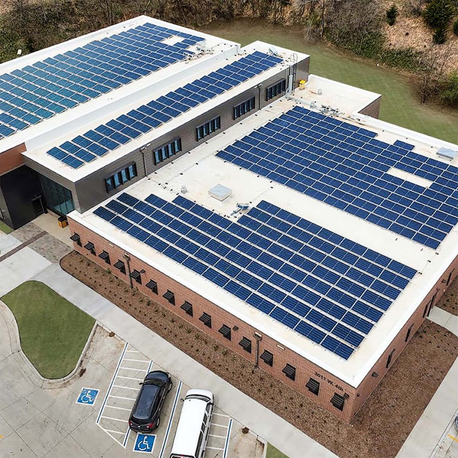 Aerial view of a photovoltaic roof systems.