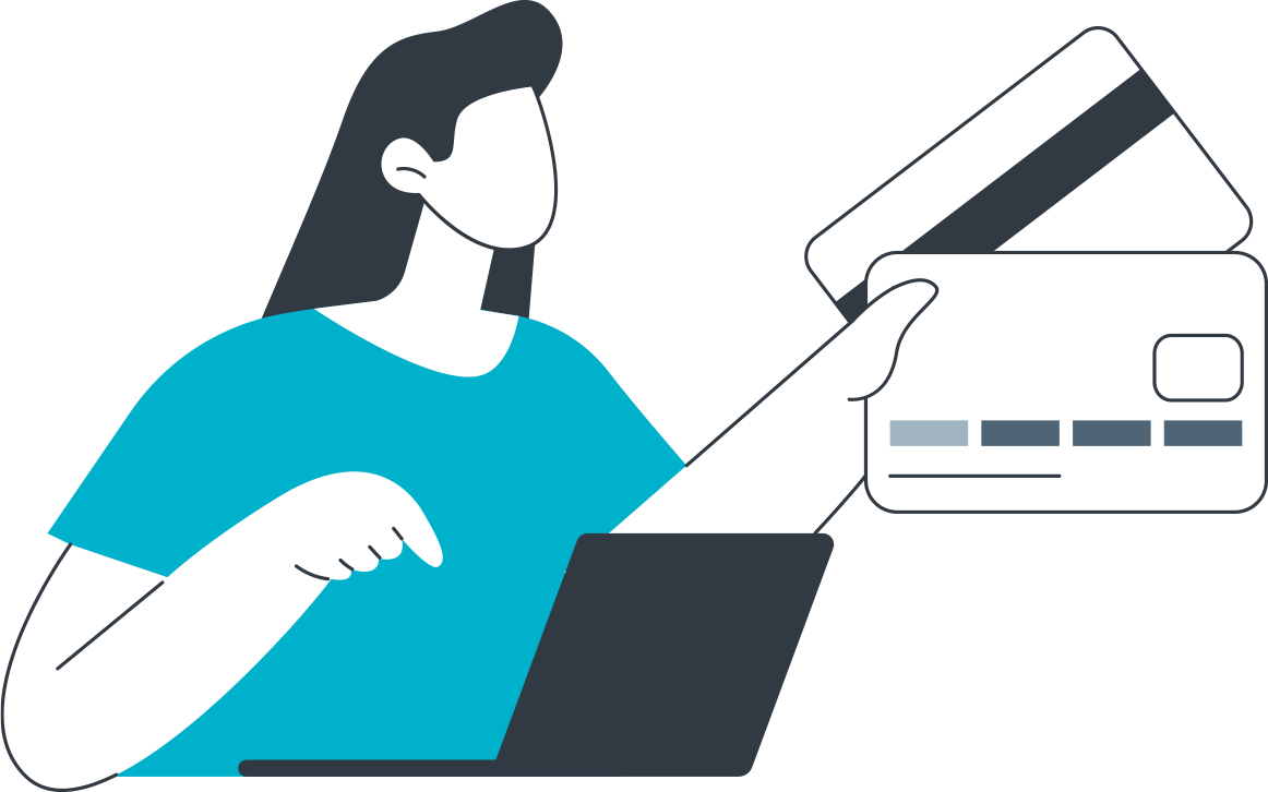 Illustrated woman in a blue shirt holding two credit cards.