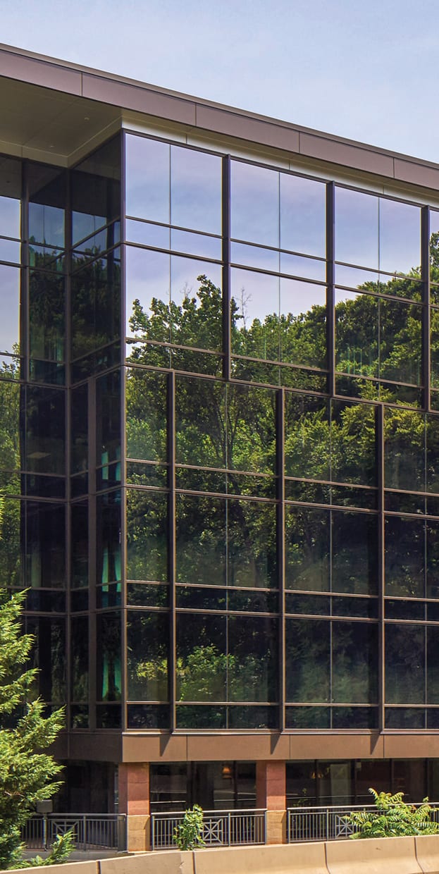 Office building facade of glass windows reflecting trees