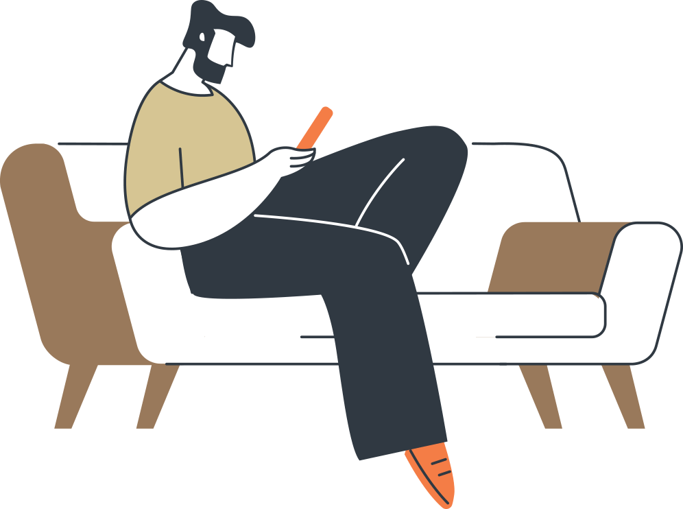 male identifying homeowner on couch looking at phone