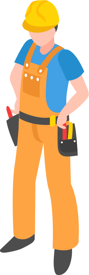 man in overalls with hardhat and toolbelt and hands on hips