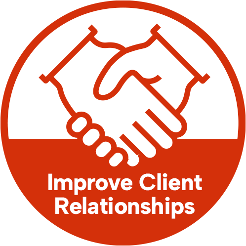 Red and white badge with shaking hands icon reading Improve Client Relationships.