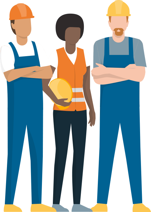 three construction workers standing next to each other