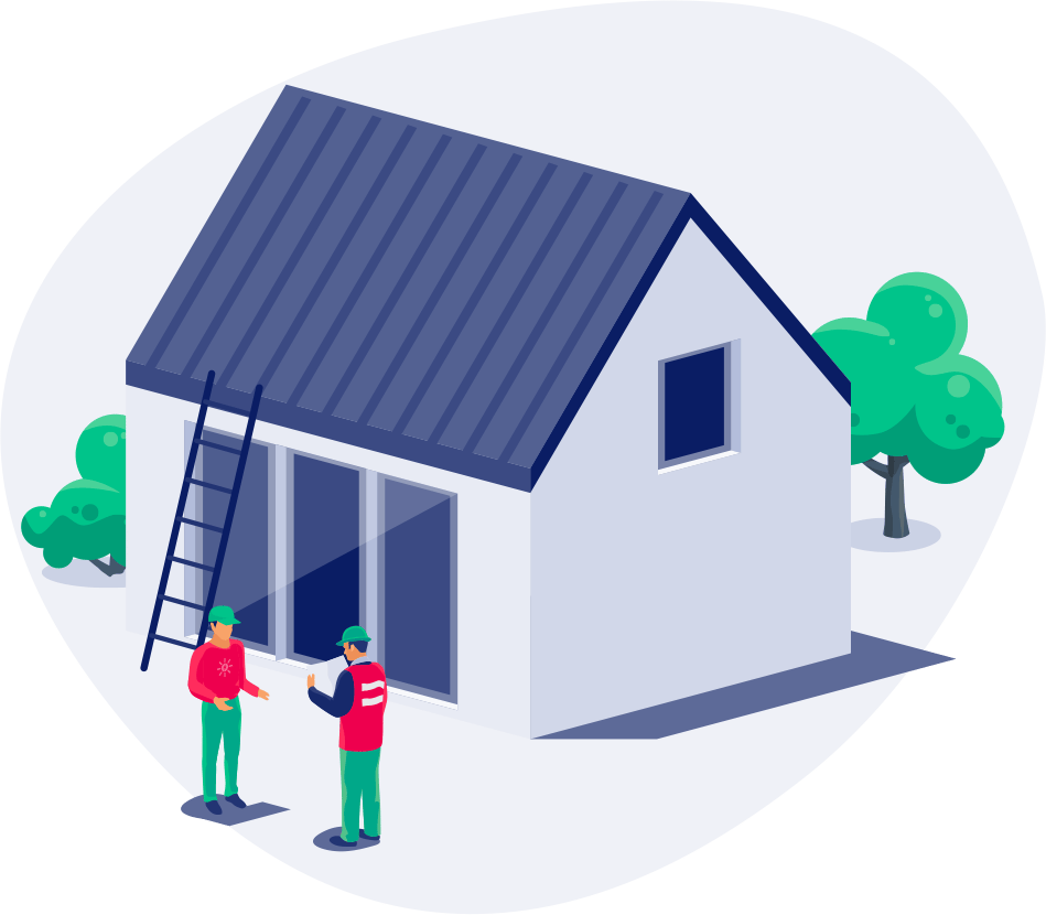 isometric illustration of a house with two contractors in foreground