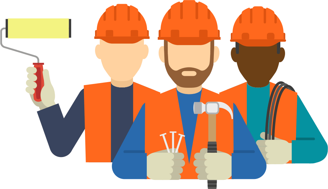 three closeup heads of construction workers holding tools