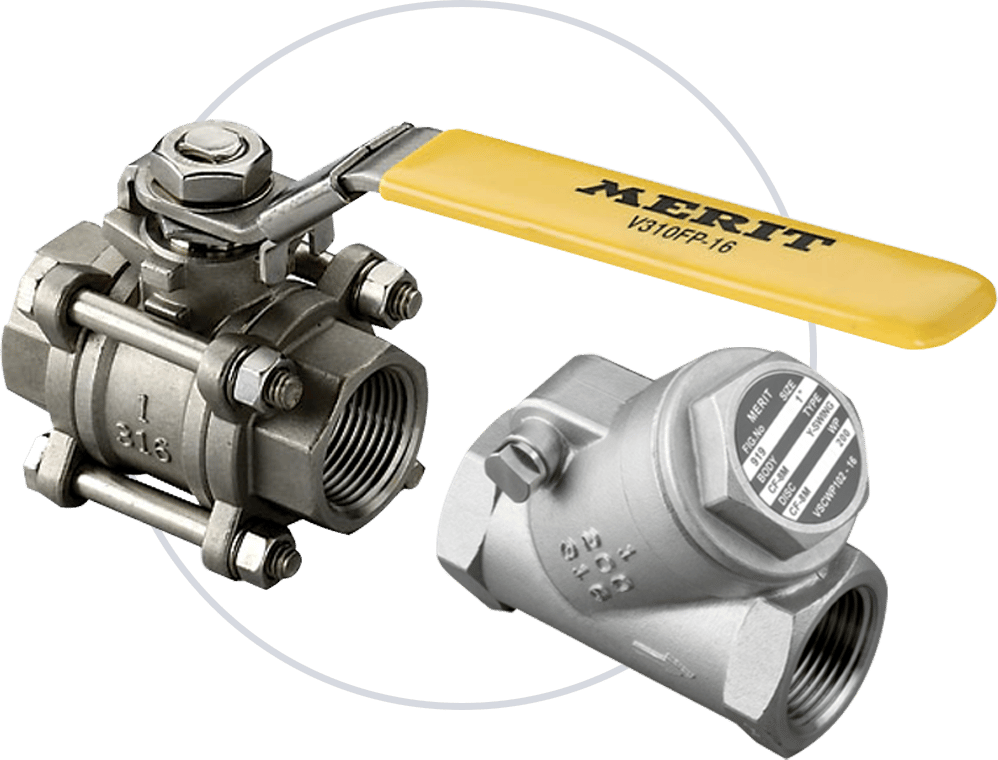 Two Stainless Steel valves, one with yellow handle from Merit Brass.