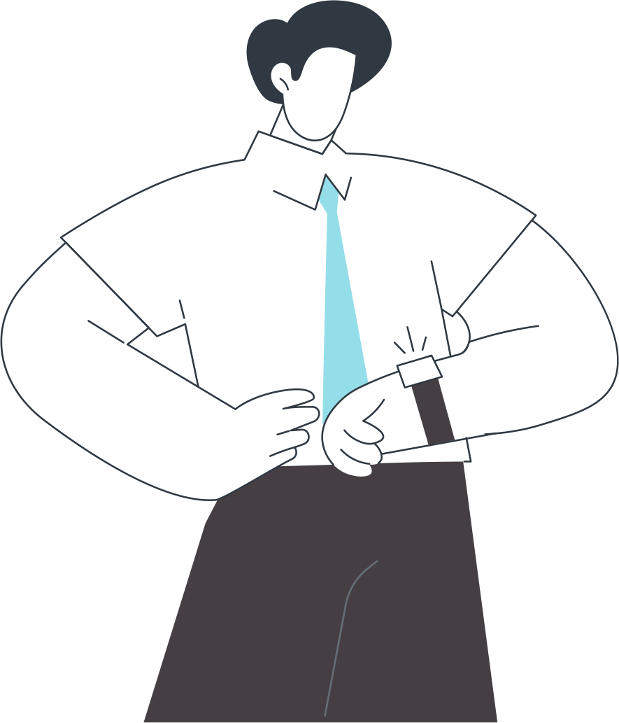 Illustrated man in white shirt with blue tie looking at his watch.