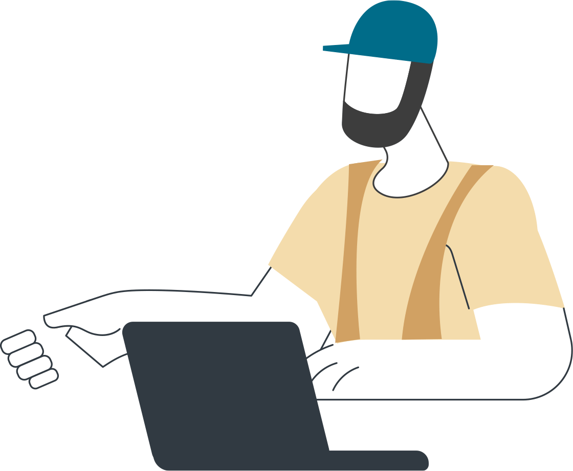 Illustrated contractor in baseball hat and overalls at a laptop  behind tabletop.