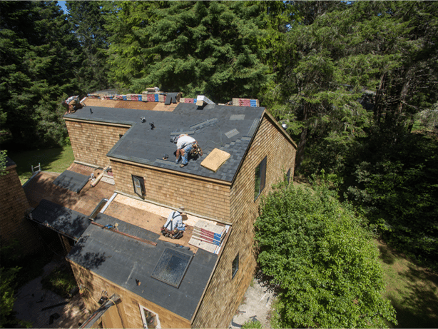 drone shot of residential roof under construction