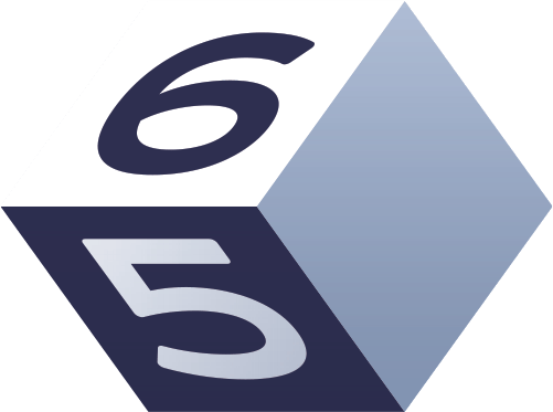 A 3D cube with a white top face showing '6' and a dark blue front face showing '5'.