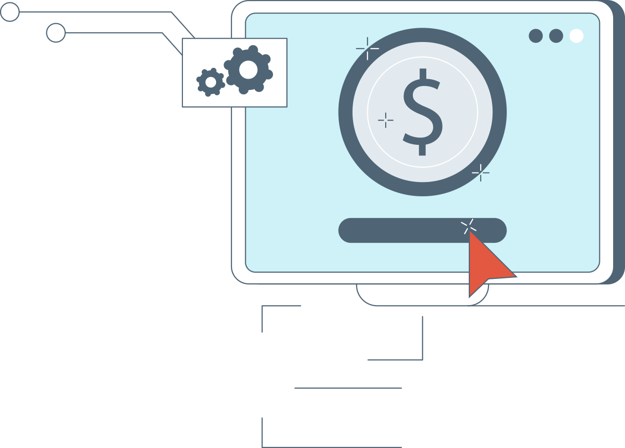 Illustrated desktop monitor with a coin and curser.