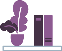 graphic of a shelf with a plant and books