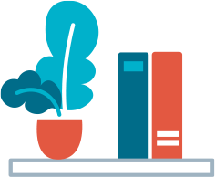 Illustrated plant and books on a small ledge shelf.