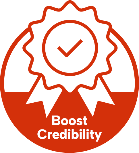 Red and white badge with ribbon award icon reading Boost Credibility.