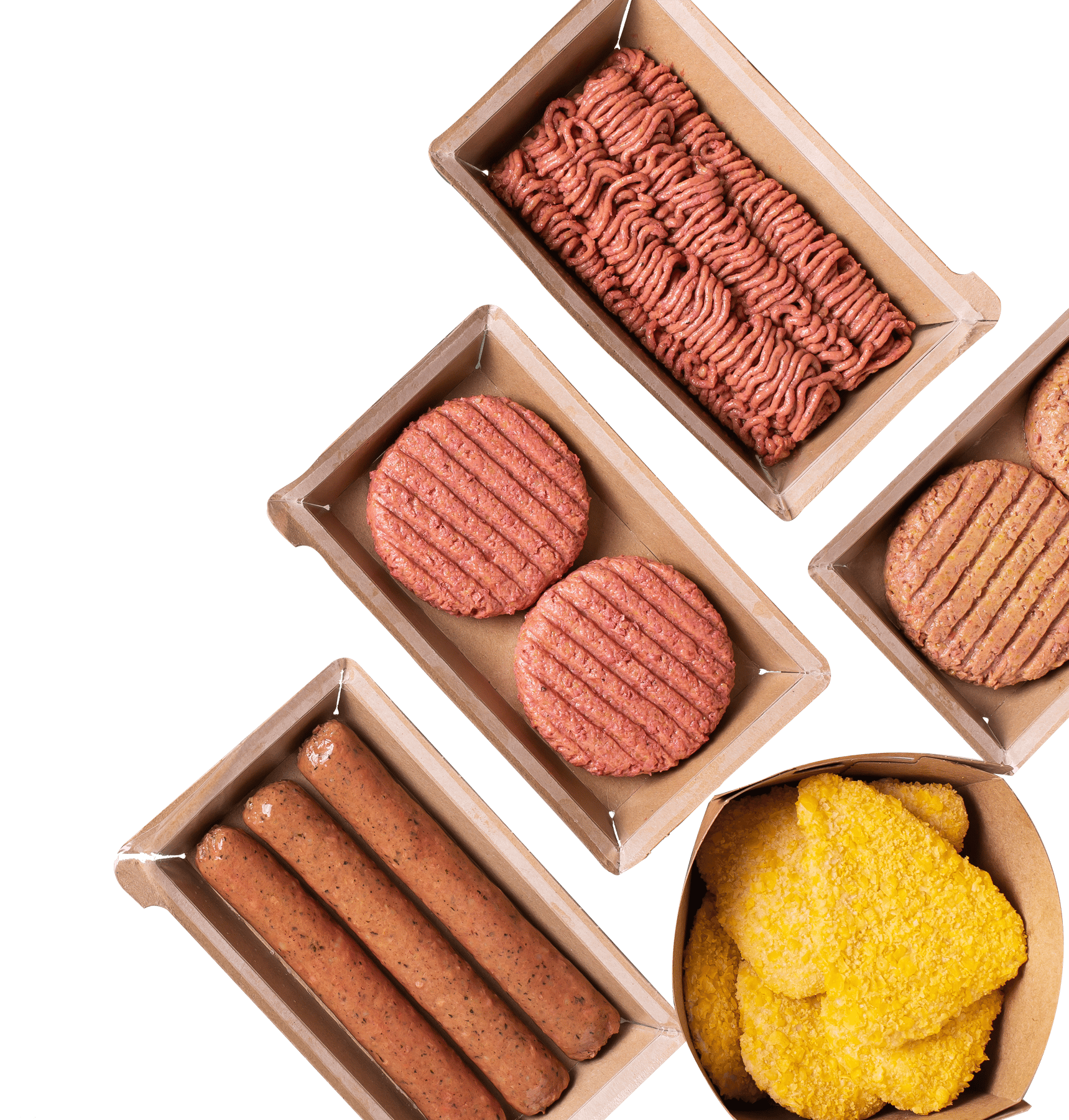 Display of plant-based meat products in cardboard serving boxes