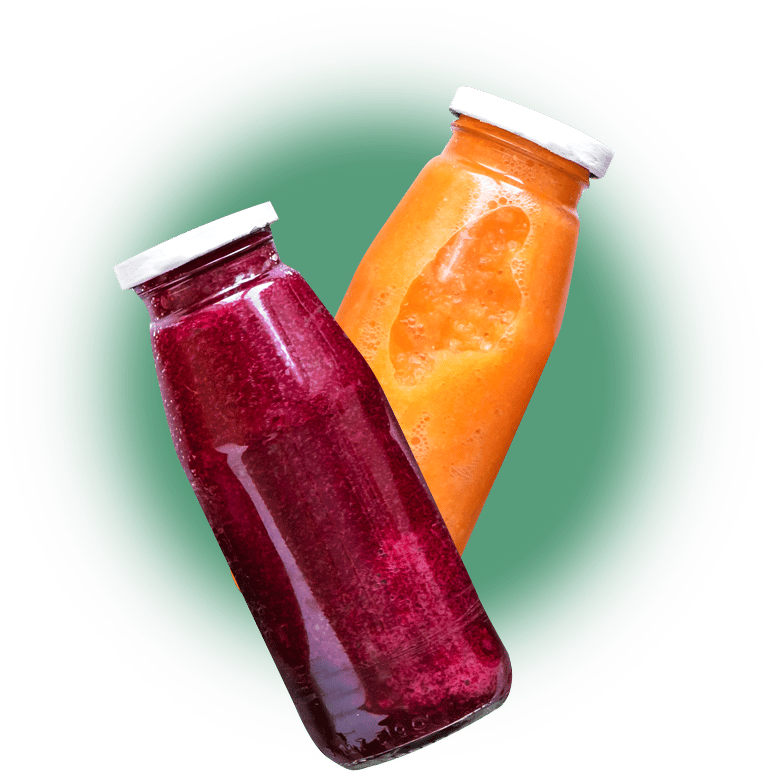 colorful collage of a bottle of carrot juice and a bottle of blueberry juice