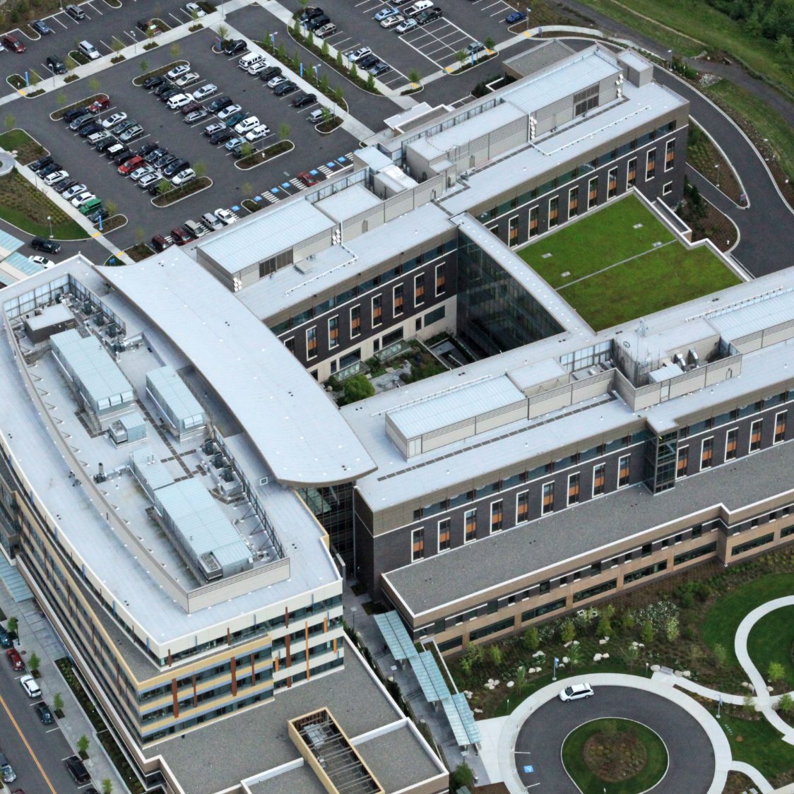 Aerial view of a Modified Bitumen Roof Assembly at Swedish Issaquah Hospital.
