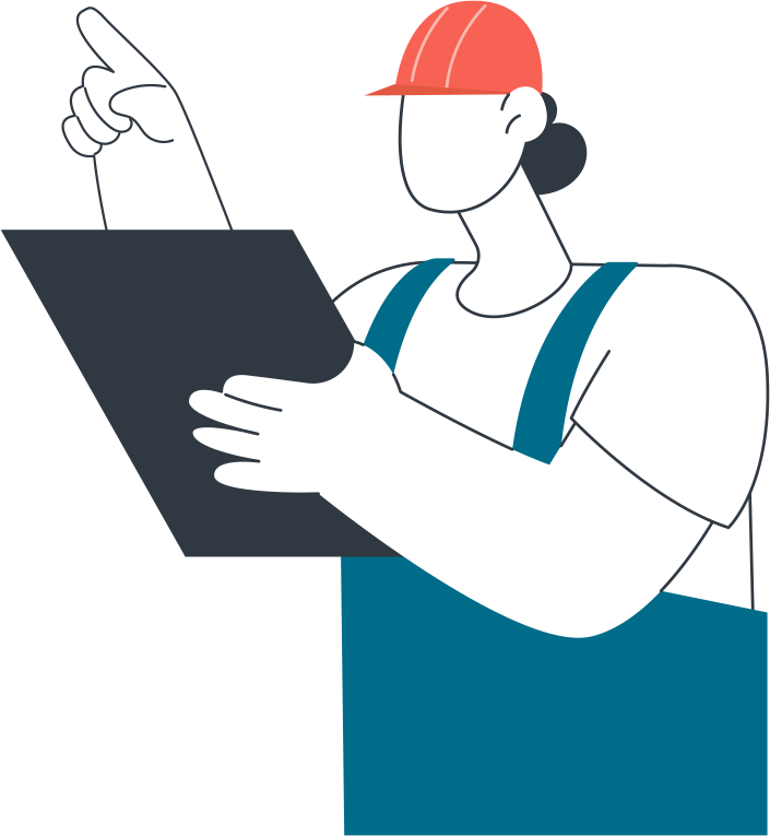 Illustrated contractor in blue overalls and orange hardhat holding a tablet and pointing up.