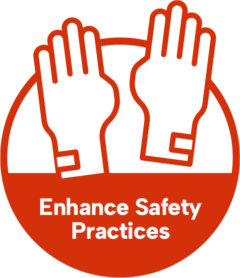 Red and white badge with safety gloves icon reading Enhance Safety Practices.