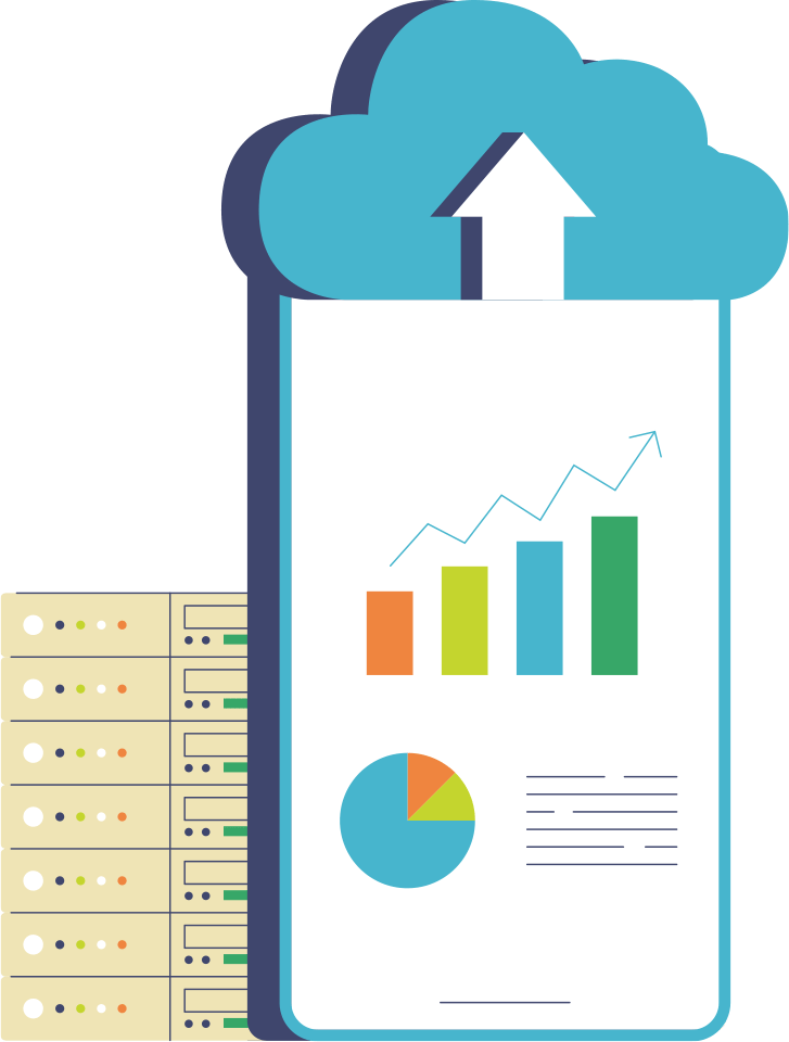 Cloud uploading data, with an analytics report displaying charts, and server racks representing cloud computing.