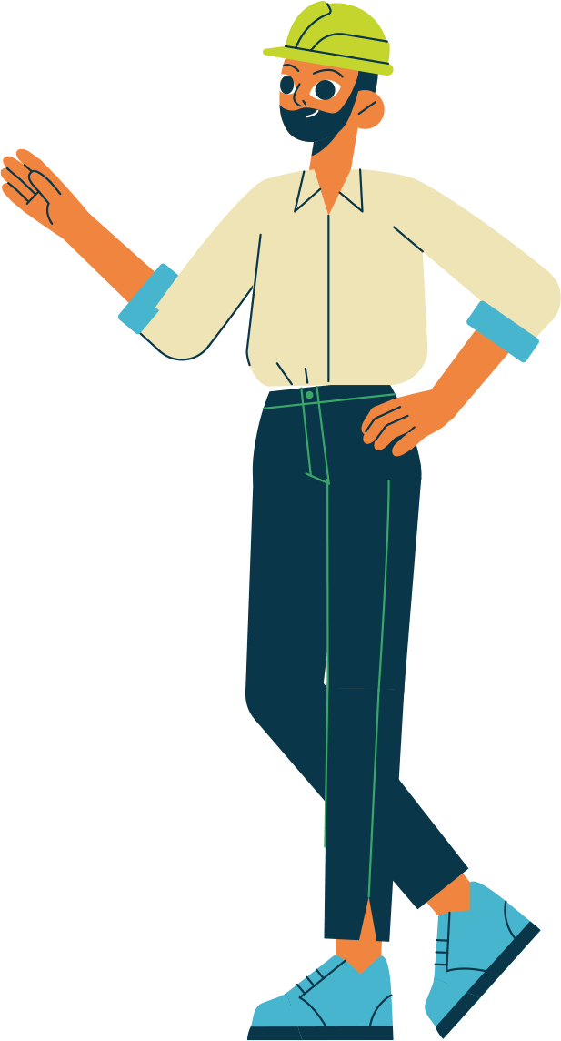 Cartoon man with beard, green hard hat, and work clothes, gesturing.