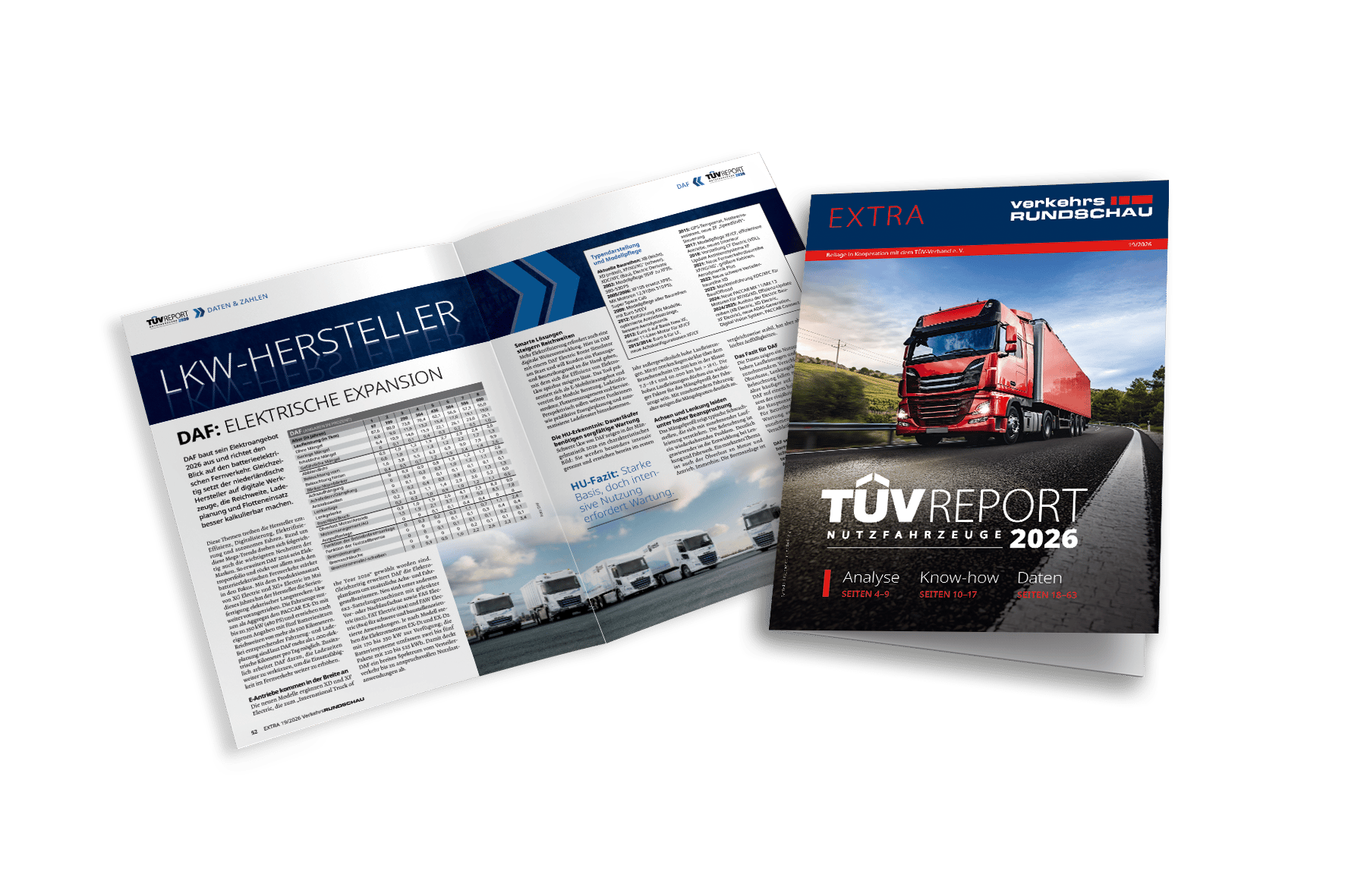 Two TÜV REPORT magazines: an open one discussing DAF electric trucks and a closed one featuring a red truck.