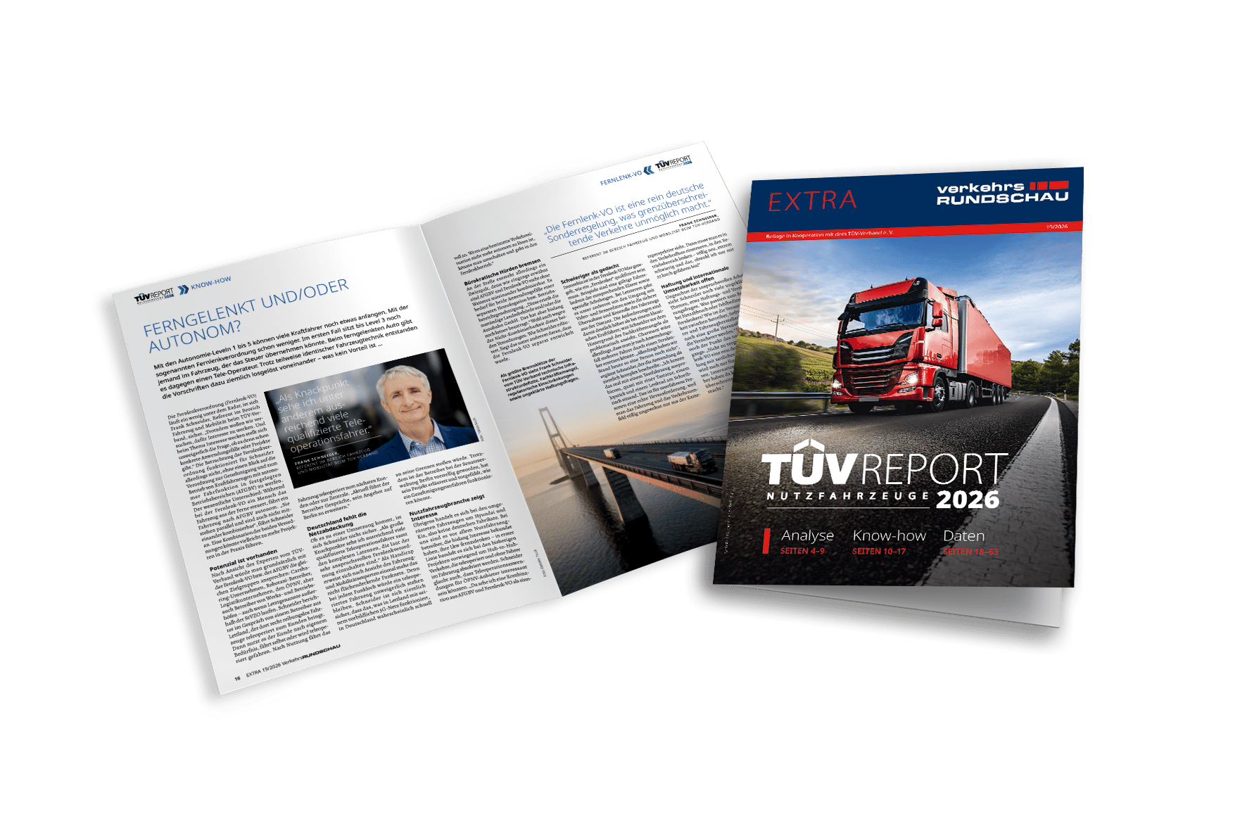 Two magazines, one with a red truck and the other open to an article about autonomous driving.