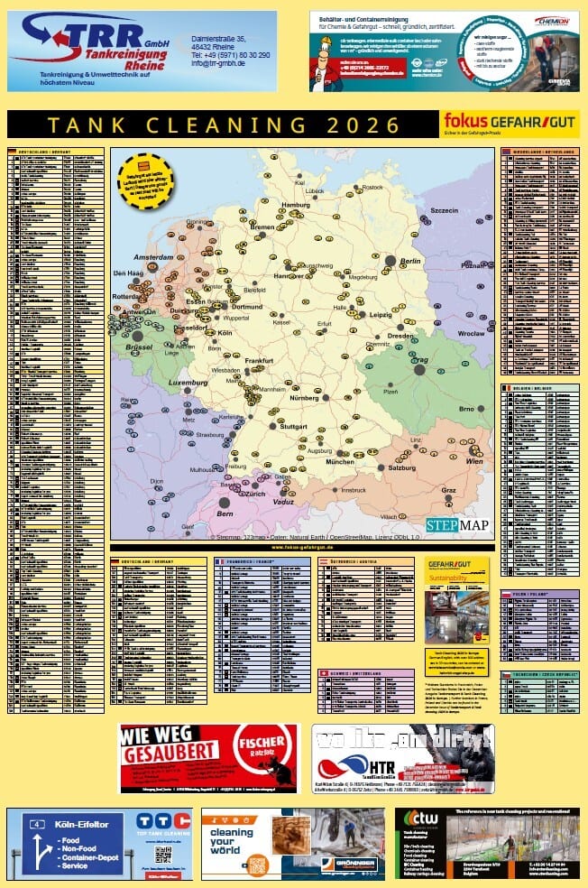 2026 tank cleaning directory: map of German/European stations, location lists, and company advertisements.