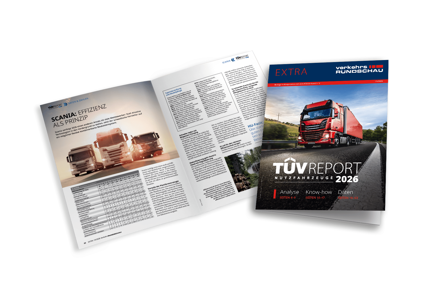 Open and closed magazines, "TÜV REPORT Nutzfahrzeuge 2026", featuring trucks and efficiency.