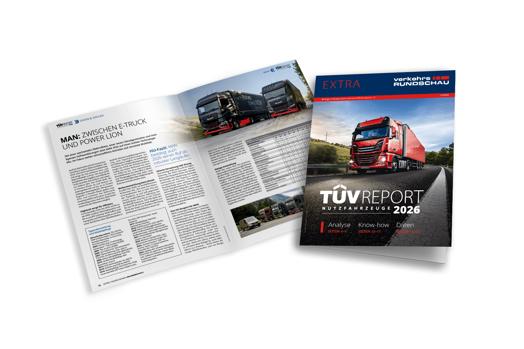 Two truck magazines, one open with an article about "MAN: ZWISCHEN E-TRUCK", and one closed "TÜV REPORT NUTZFAHRZEUGE 2026" with a red truck.