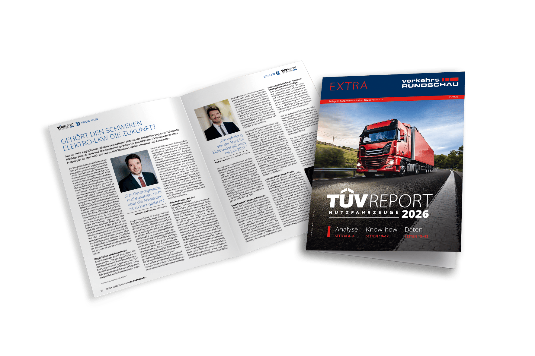 An open magazine spread and a closed magazine, both featuring articles on electric trucks and TÜV Report.