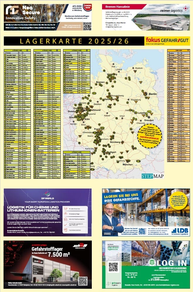 German warehouse map 2025/26 for hazardous materials, with logistics company advertisements.
