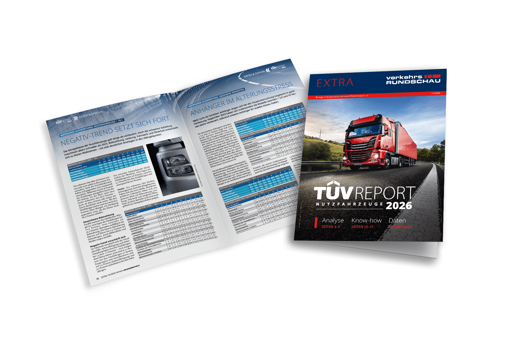 Two magazines, one open with charts and text, another closed "TÜV REPORT 2026" with a red truck.