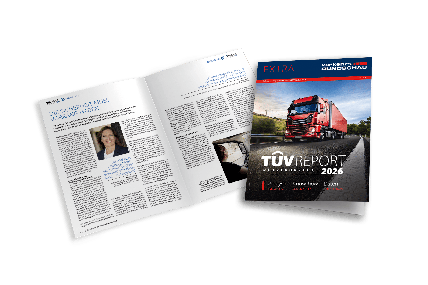 An open magazine spread and a closed magazine cover, featuring text, a woman, and a red truck.